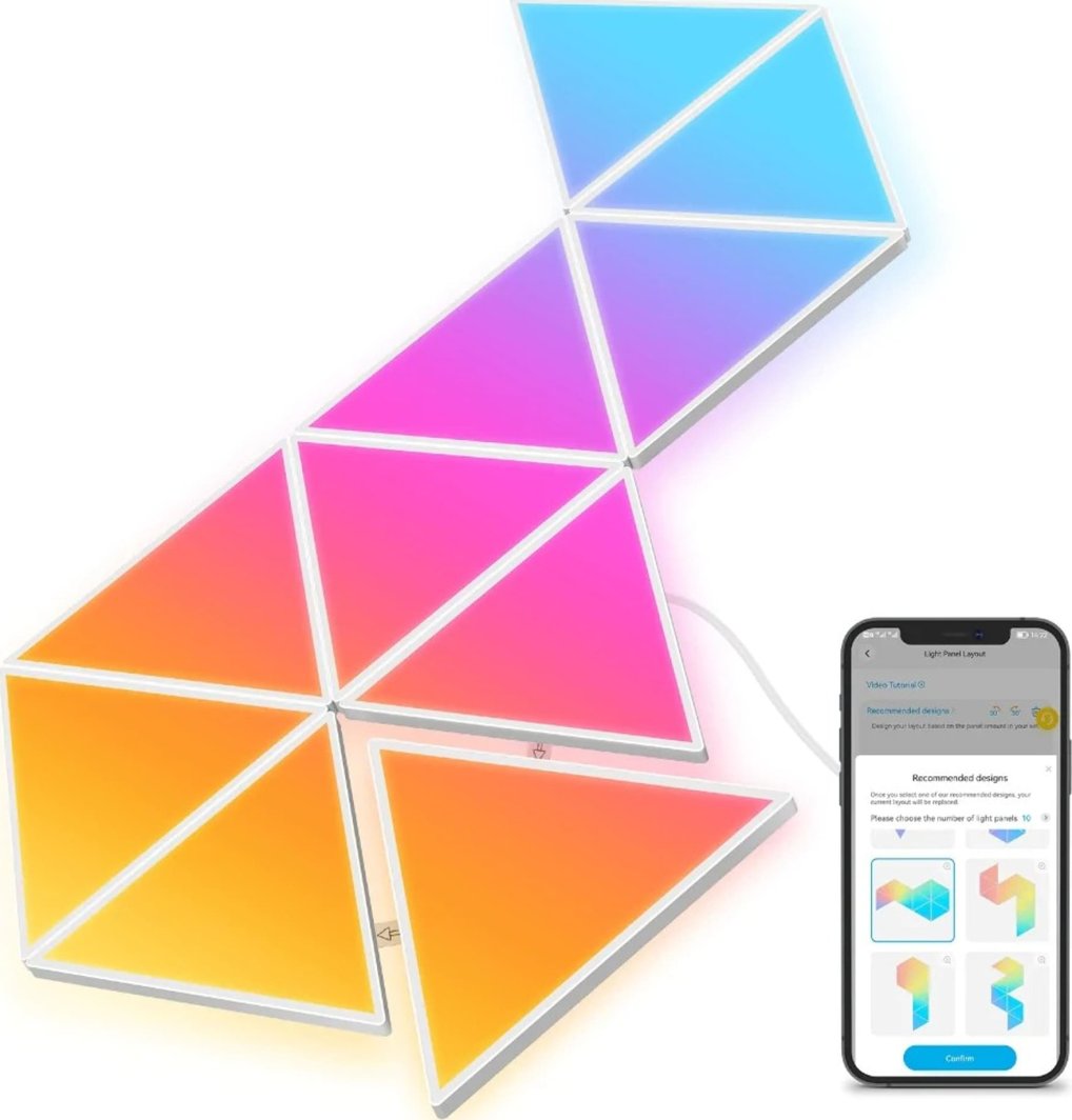 Sammenleggbar tredemølle Smart lys panel 12W fra Govee, syv fargerike trekantpaneler og mobilapp vist ovenfra.