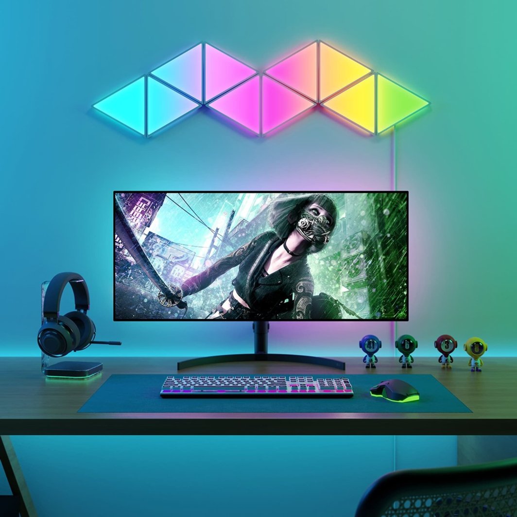 Tredemølle hjemme Smart lys panel 12W Wi‑Fi/Bluetooth montert på vegg over skjerm med RGB-belysning.