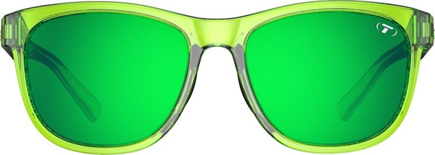 Sportsbriller med gjennomsiktig neongrønn innfatning og speilende grønne glass, logo synlig på høyre glass.