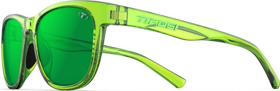 Løpebriller i transparent, lys grønn plast med mørkegrønne glass, sett fra siden med logo og svarte neseputer.