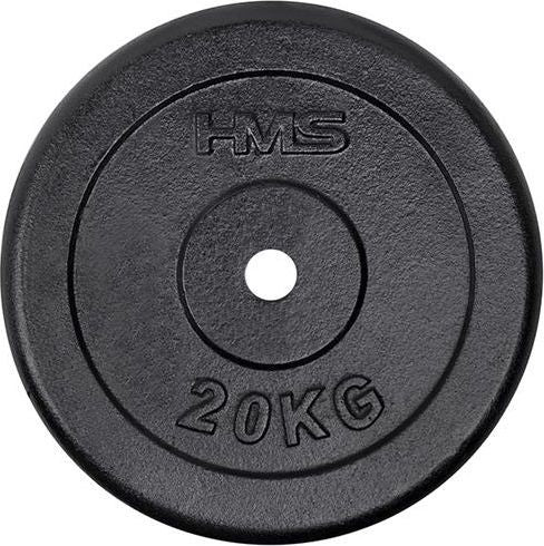 Vektskive i svart støpejern på 20 kg sett forfra, med 31 mm hull og preget "HMS" og "20 KG" på platen.