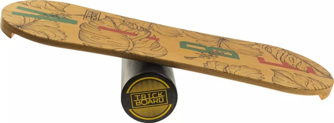 Balansebrett i lyst tre med bladmotiver og fargede detaljer, balanserer på sort sylinder med gul logo.