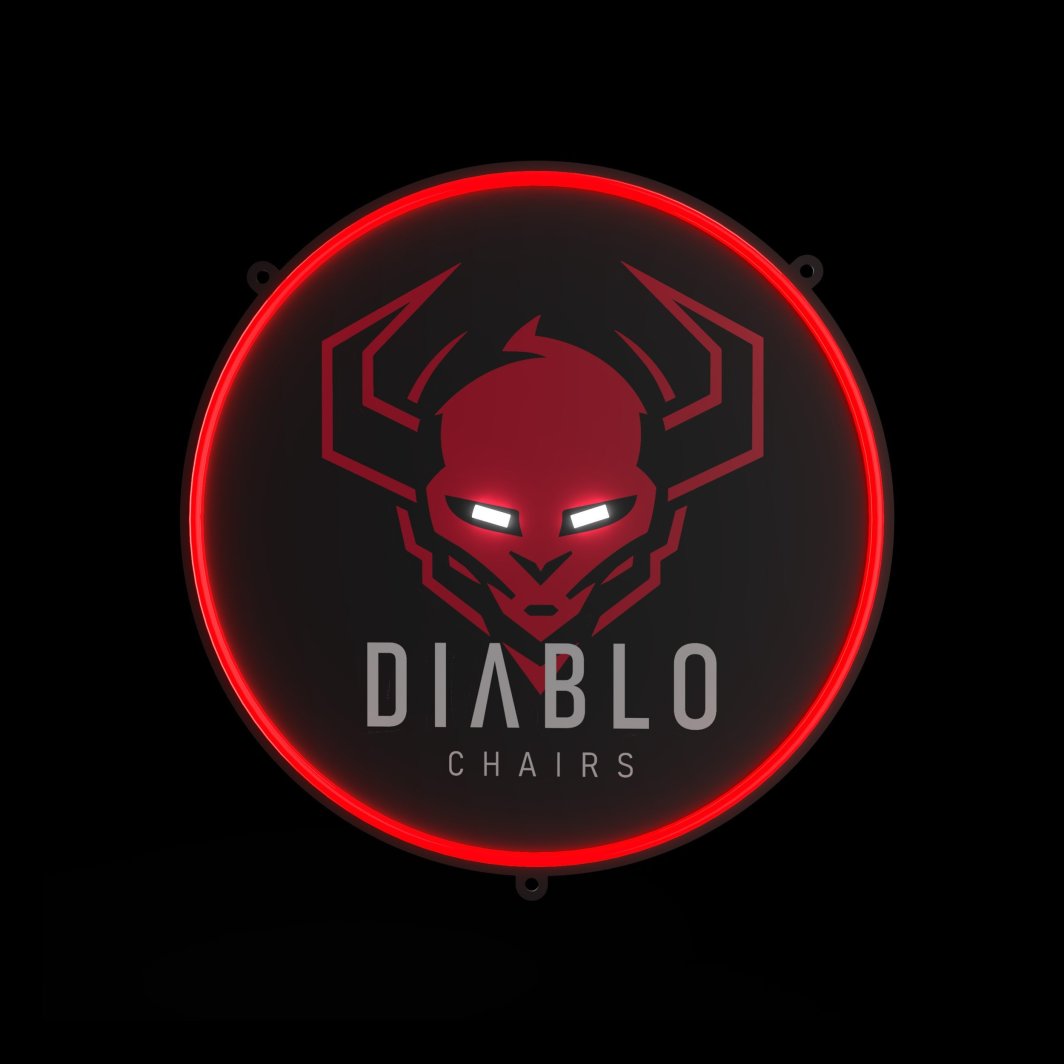 Sammenleggbar tredemølle neonskilt med rød djevelmaske, lysende kant og “Diablo Chairs”-tekst på mørk bakgrunn.