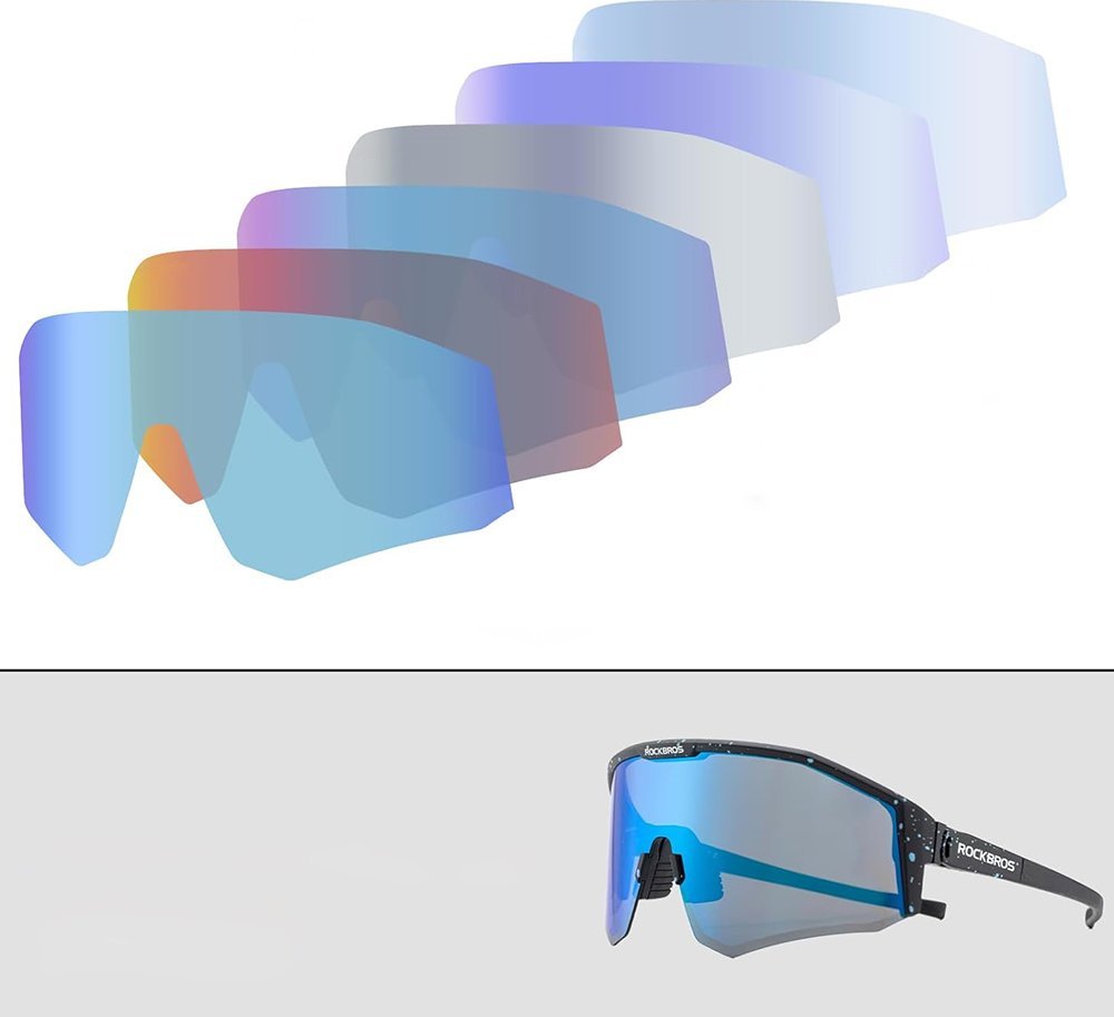 Sportsbriller med grå ramme og flere utskiftbare linser i blå og lilla nyanser, vist i vifteform med etui.