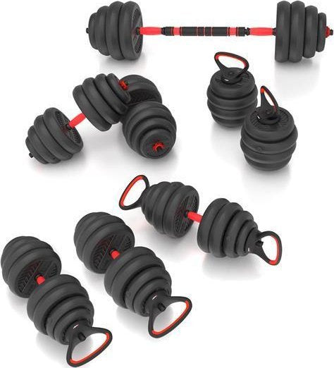 Vektsett med manualer, kettlebell og vektstang i svart og rødt, plassert sammen på gulvet, sett fra skrå vinkel.