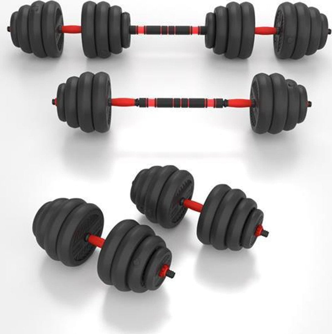 Vekter Trening sett med sorte og røde manualer, vektstang og justerbare vektskiver på hvit bakgrunn.