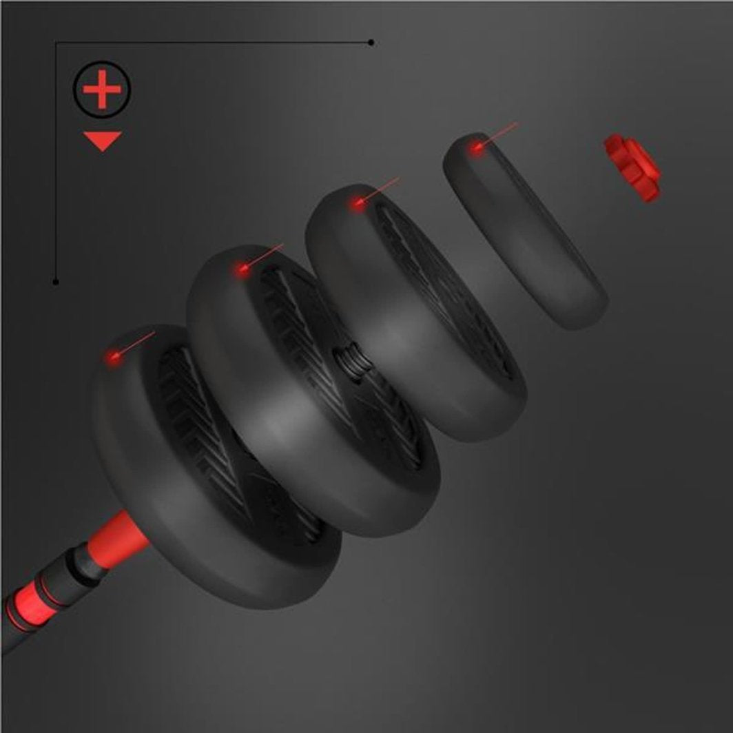 Manualsett med flere sorte treningshjul og røde detaljer, vist fra siden, delene kan kombineres eller skilles.