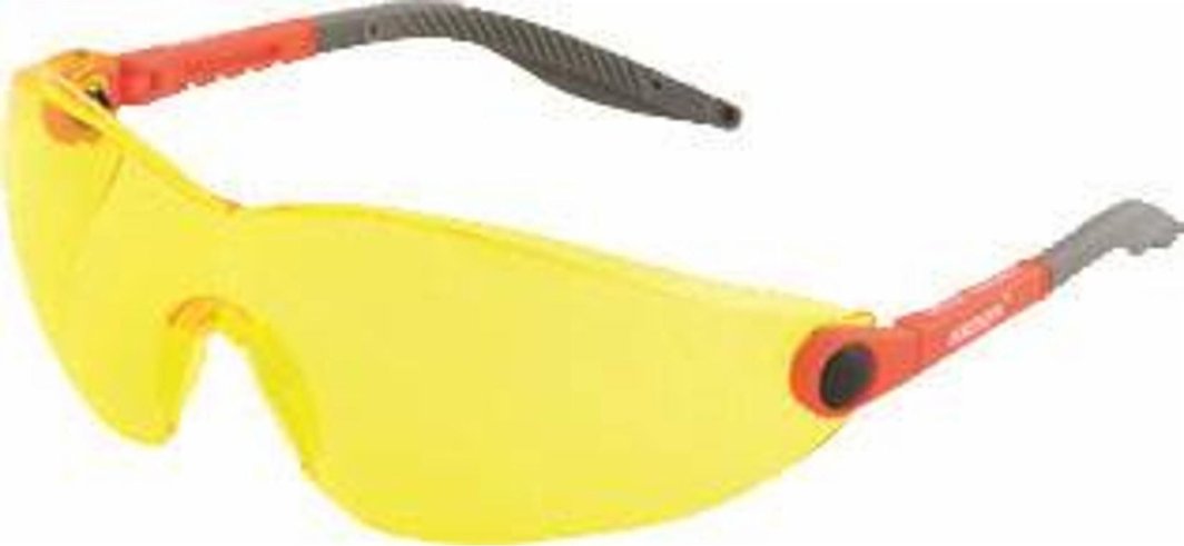 Vernebriller med gule linser, rød-grå stenger og buet front, vist fra siden med justerbare stenger.
