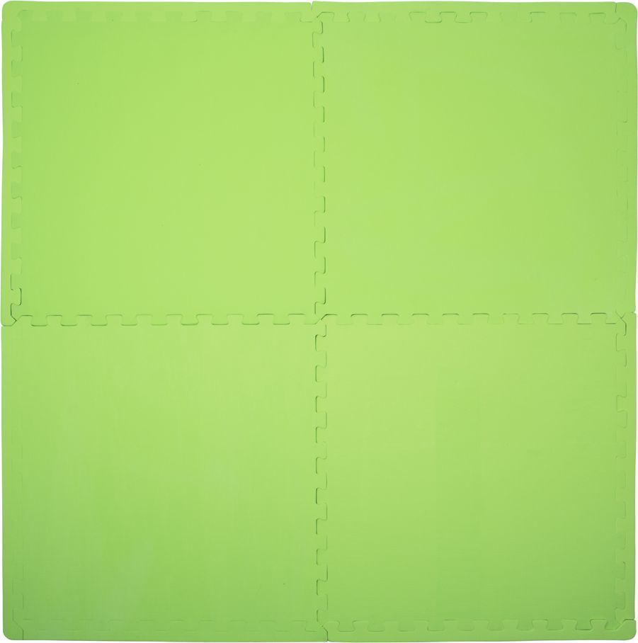 Gymmatte i fire grønne EVA puslebiter satt sammen, sett ovenfra med tydelige puslekanter mellom rutene.