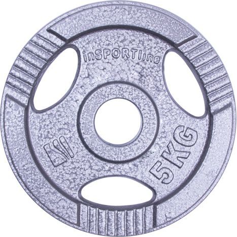 Vektplate i grått metall med tre gripeåpninger, preget "5 KG", logo og mønster, sett forfra.