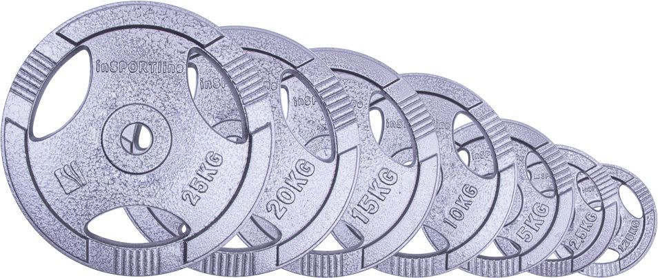 Vektskive i sølv, ulike størrelser fra 1,25 kg til 25 kg, stablet med synlig grep og tydelig vektmerking.