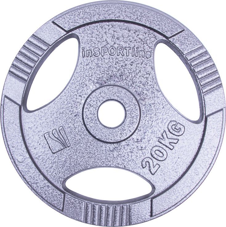 Vektplate 20kg i stål med gripehull og 30mm senteråpning, til vektstang, sett fra skrå vinkel.