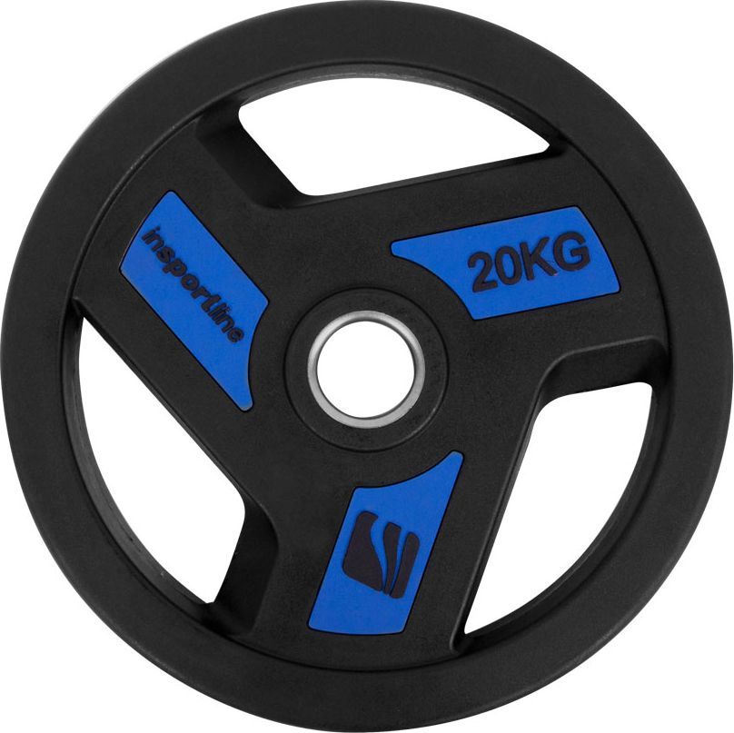 Vektskive på 20 kg med gummiert overflate og tre gripehull, olympisk 50 mm åpning, sett forfra.