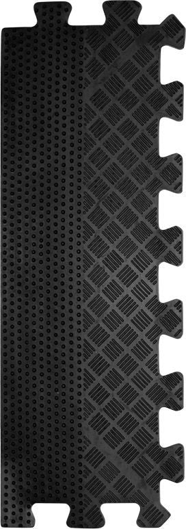 Treningsmatte i svart gummi med prikkete mønster til venstre og rutemønster til høyre, sett ovenfra.