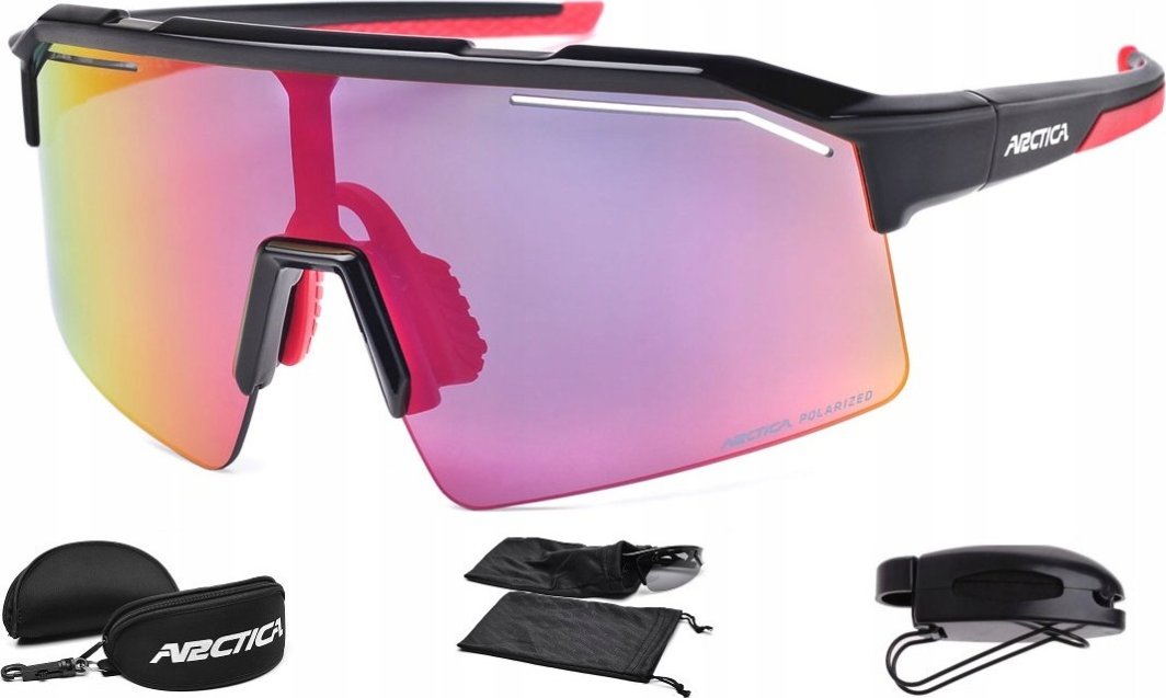 Solbriller med store speilglass i rosa/oransje, svart ramme, rød innside, sett forfra. Etui og poser vises.