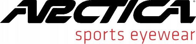 Solbriller logo med stor, sort "ARCTICA"-tekst og rød "sports eyewear" under på hvit bakgrunn.