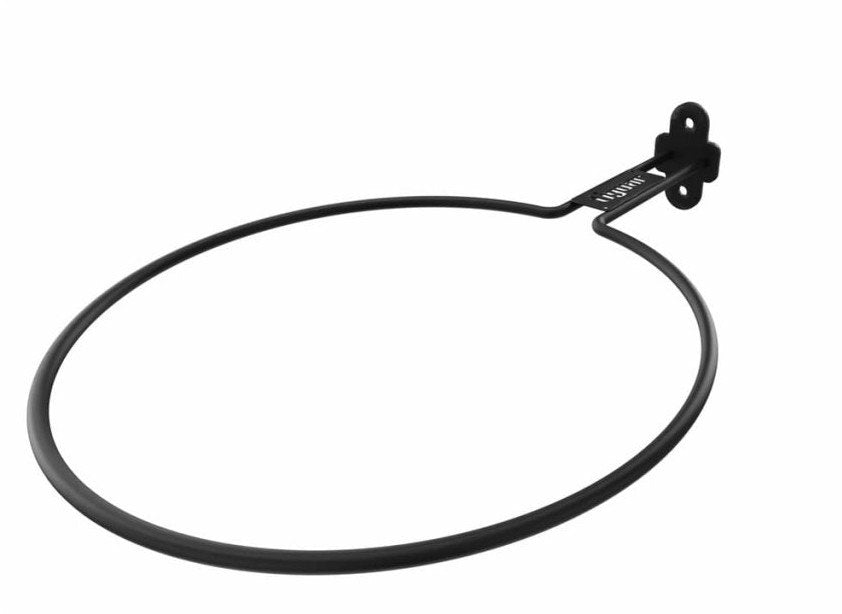 Ballstativ i sort stål, rund veggmontert holder med liten festeplate og to hull, vist fra siden.