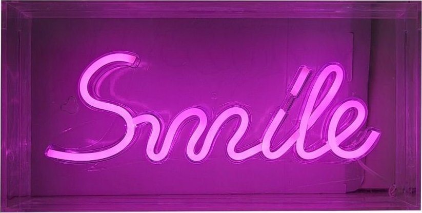 Tredemølle neonskilt SMILE 15cm rosa LED i rektangulær ramme, sett forfra.