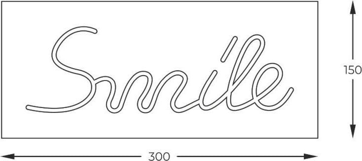 Tredemølle neonskilt SMILE 15cm rosa LED med mål 300x150mm, illustrasjon med bølget tekst.