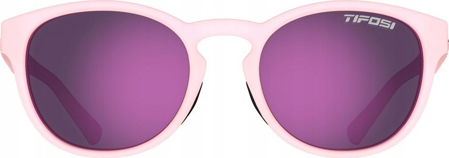 Sportsbriller med lyserosa innfatning og lilla speilglass, sett forfra, Tifosi-logo på høyre glass.