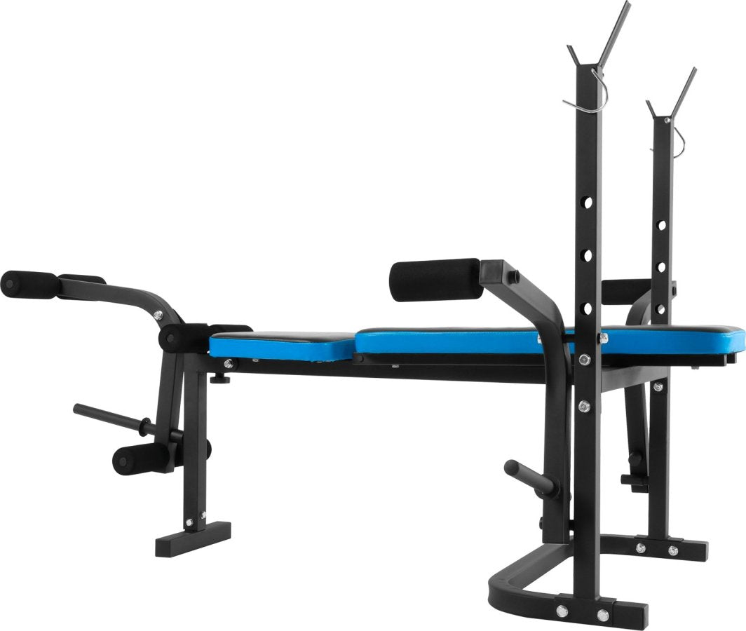 Treningsbenk med blå og svart polstret pute, stålramme, justerbare stativer og synlig benstøtte fra siden.