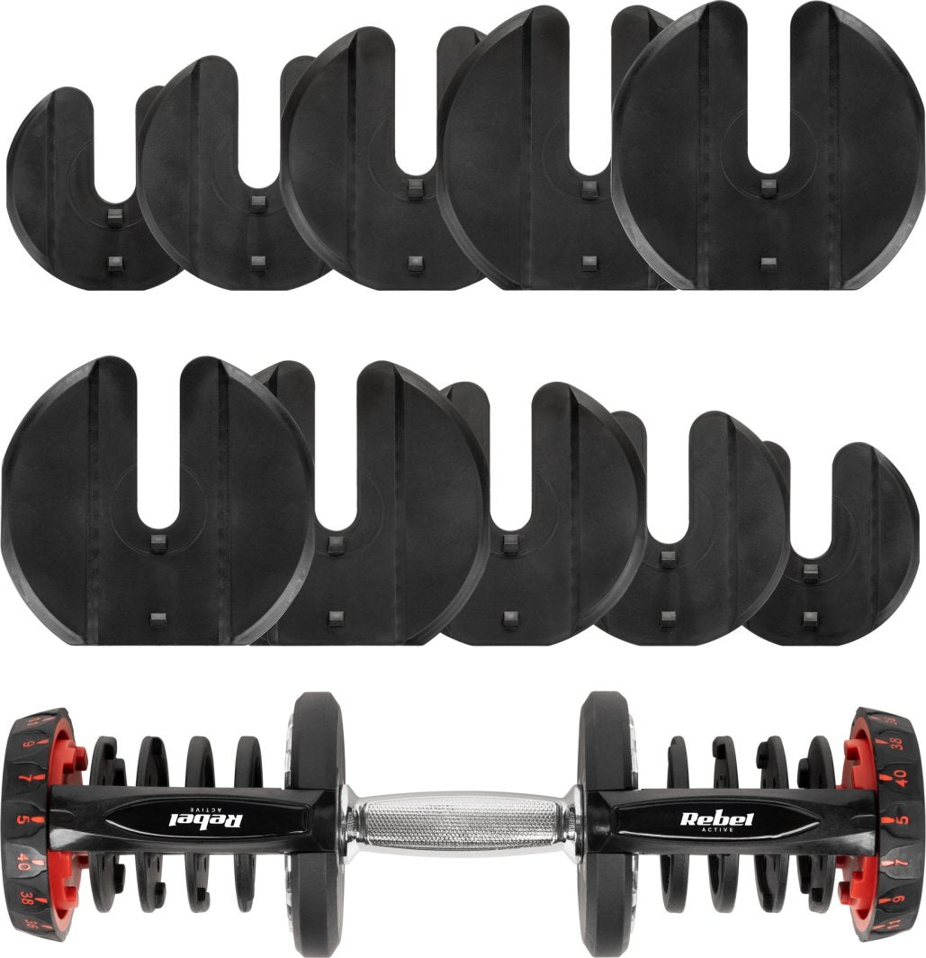 Manual Manual justerbar med svarte vektplater, sølvfarget håndtak med riller og røde detaljer, sett fra siden.