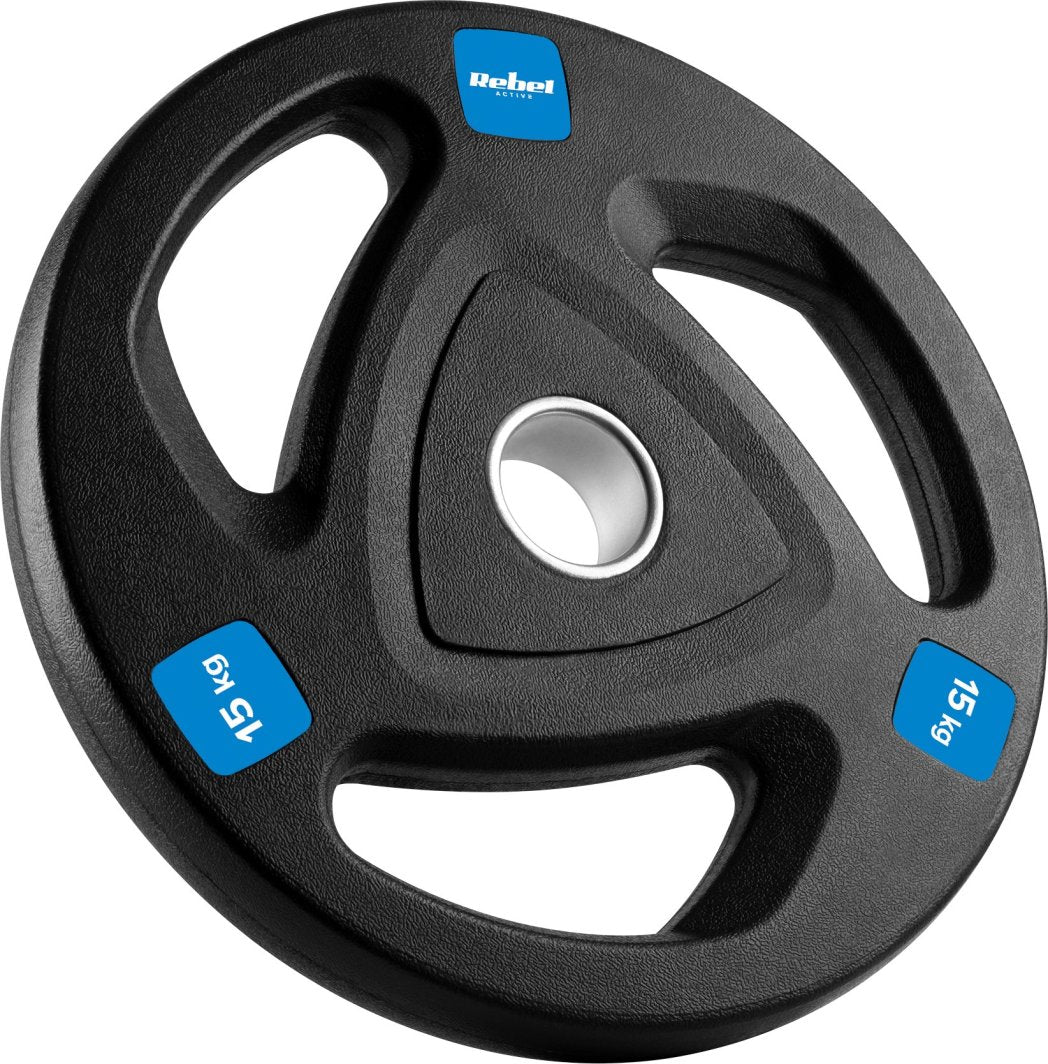 Vektplater med tre håndtak, blå markeringer og 15 kg-merking, stålkantet hull i midten, vist skrått.