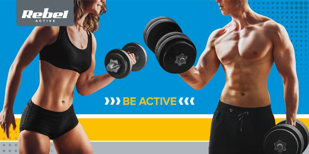 Vektskiver 50mm holdes av to personer i treningstøy med sorte manualer, blå og gul bakgrunn, teksten BE ACTIVE.