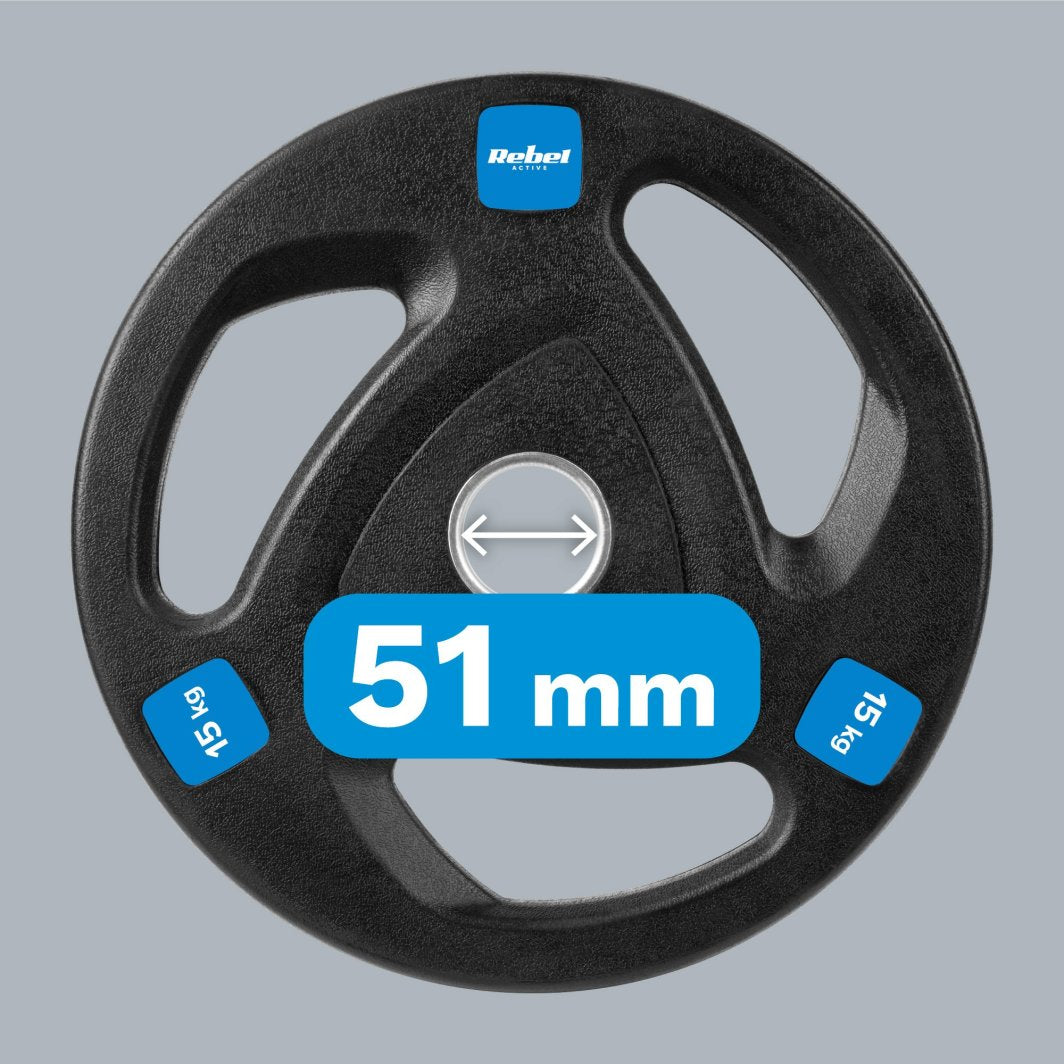 Vektskiver 2x15kg i gummiert støpejern med 51mm hull, liggende side om side på hvit bakgrunn.