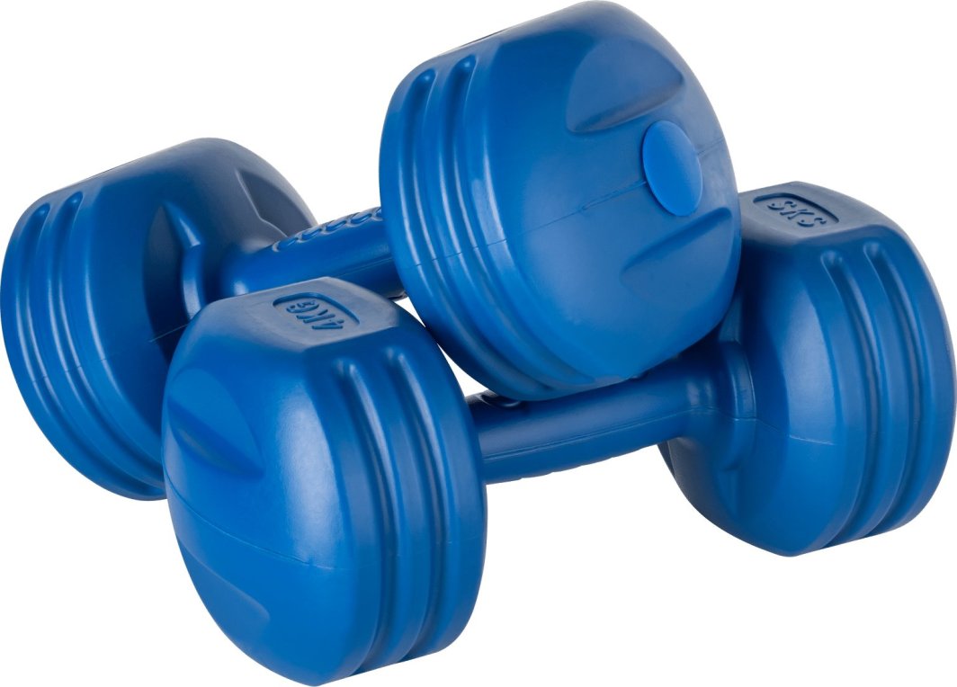 Håndvekt, to blå plastmanualer med avrundede kanter og rillete detaljer, krysset over hverandre.