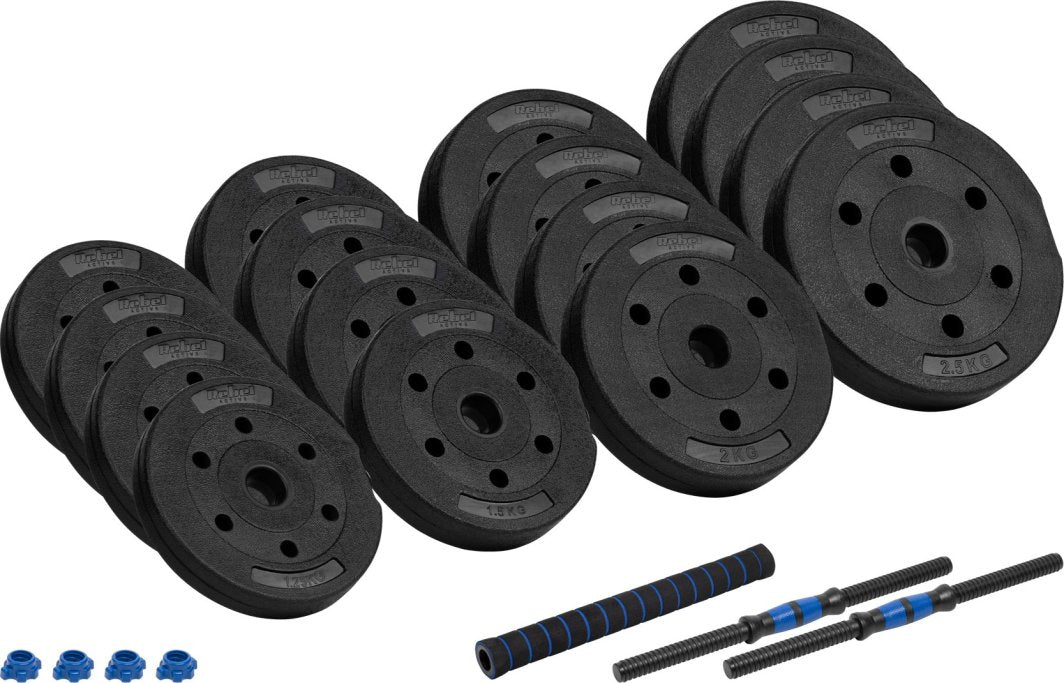 Justerbare Manualer sett med svarte vektplater, to manualstenger med blå detaljer og tre blå låser, sett fra skrå vin...