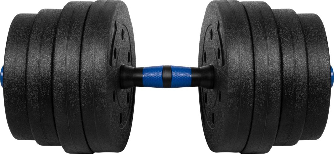 Manualer Sett med bitumenske manualer og stang, totalt 30 kg, egnet for styrketrening hjemme.