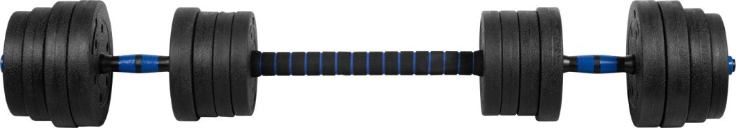 Justerbare Manualer med svarte vektskiver, blå detaljer og sort grep, sett rett forfra mot hvit bakgrunn.