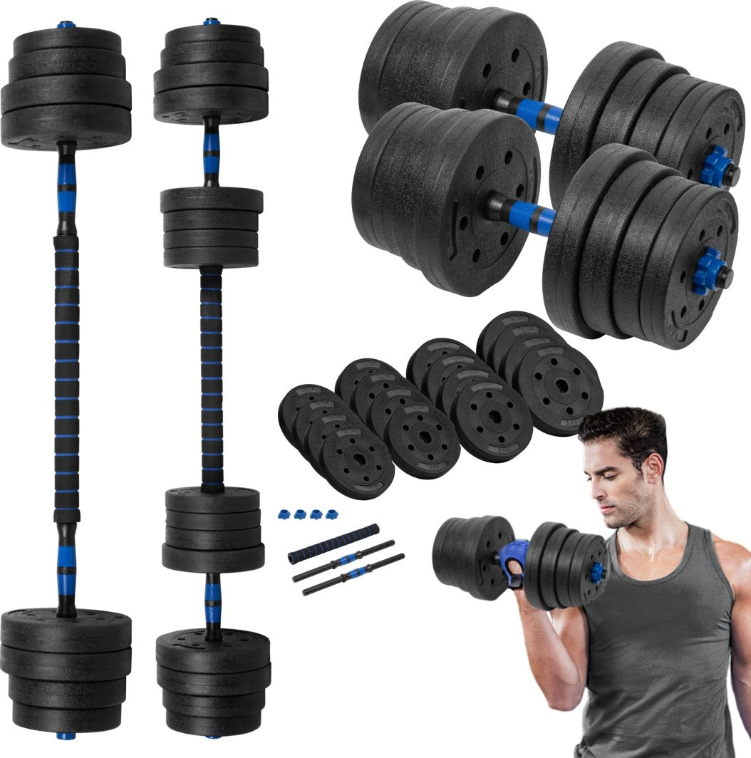 Manualer Sett med justerbare svarte manualer, vektstang, blå detaljer og mann som løfter manual. Flere deler vises.