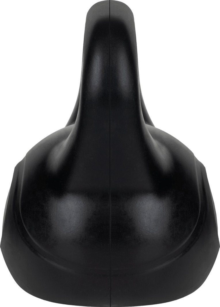 12kg Kettlebell sett rett forfra, sort med håndtak, laget av glatt materiale og synlig delingslinje i midten.