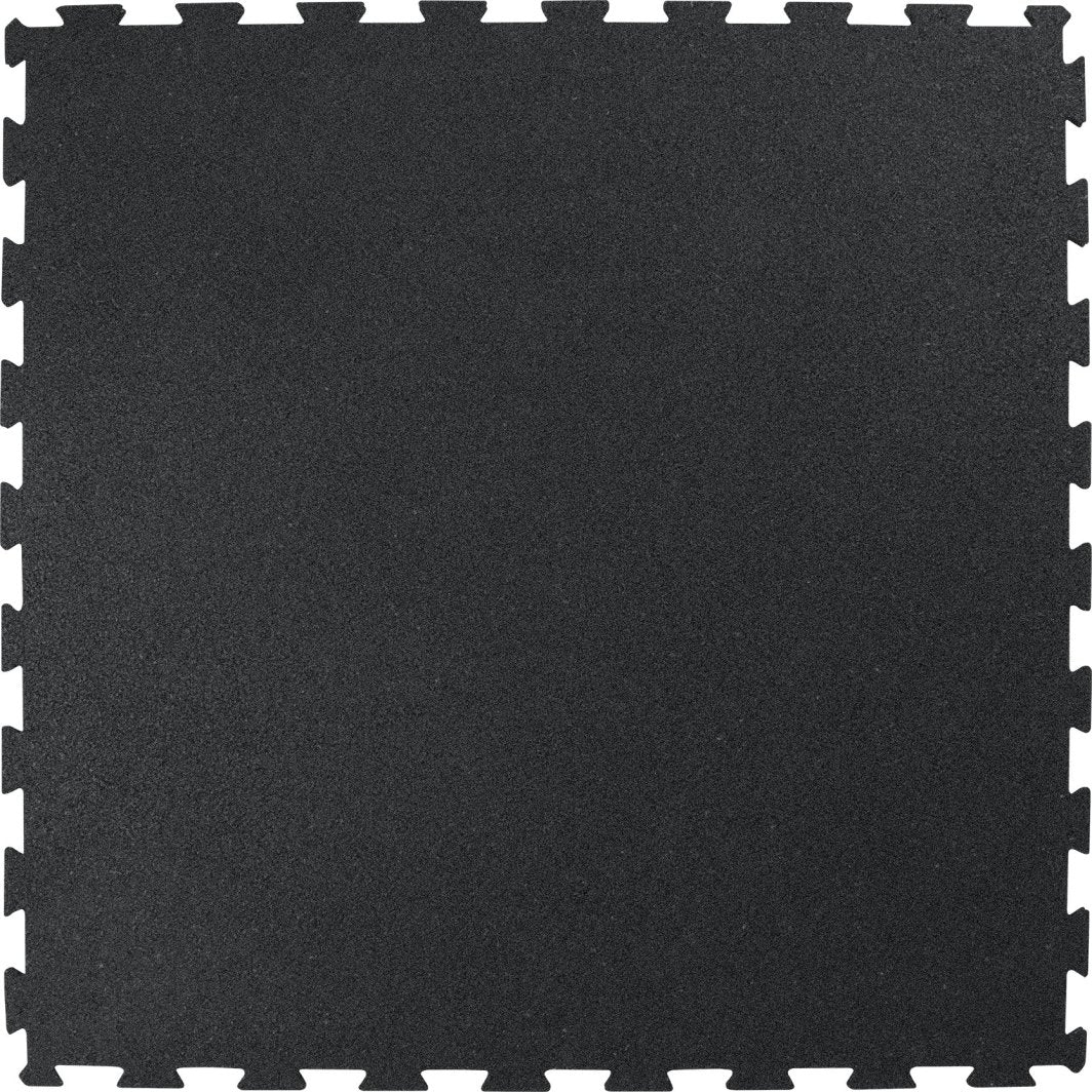 Treningsmatter Gulv kvadratisk svart matte i gummi med puslespillkanter, sett rett ovenfra.