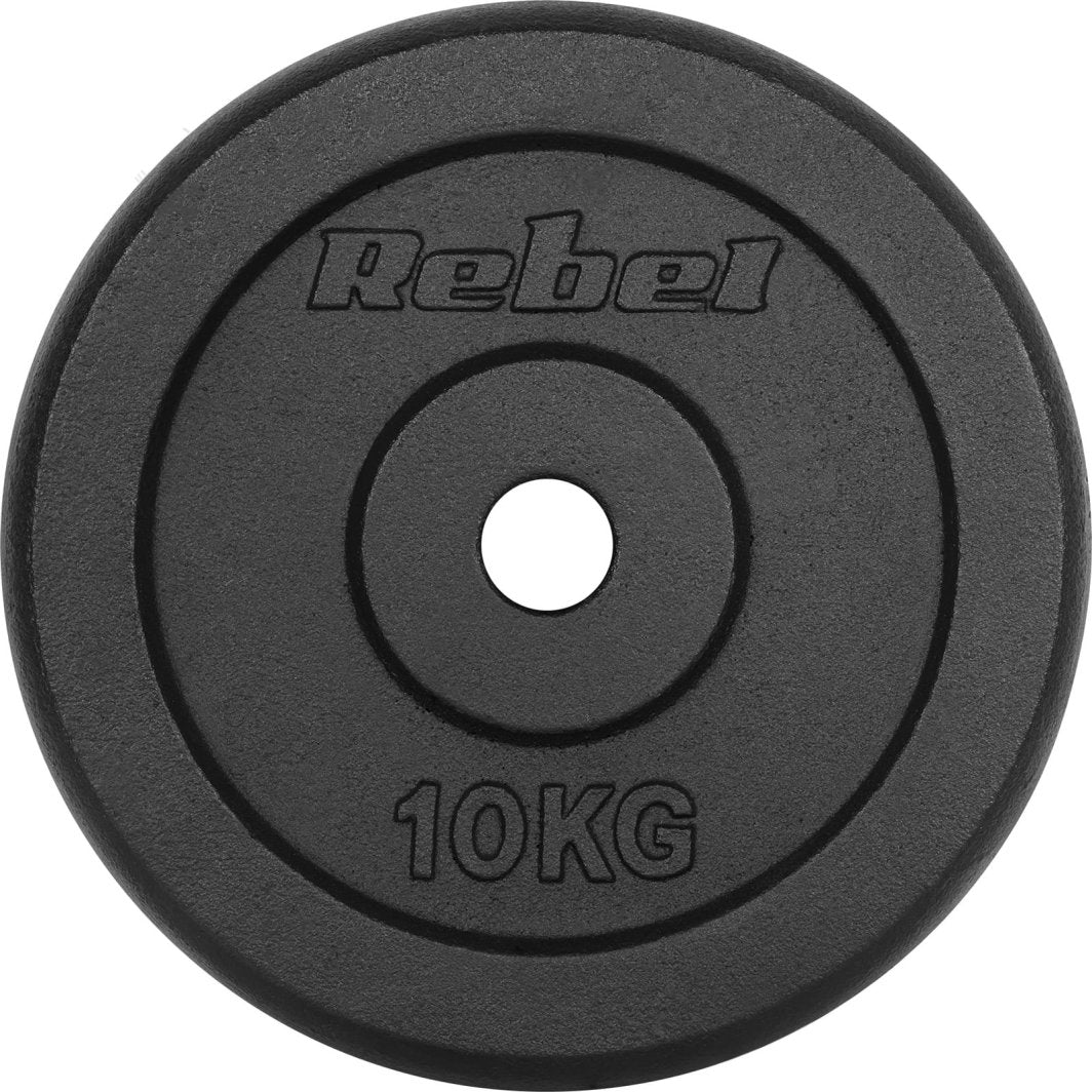 Vektskiver i sort støpejern, sett forfra med tydelig 10 kg-merking og sentrert hull for vektstang.