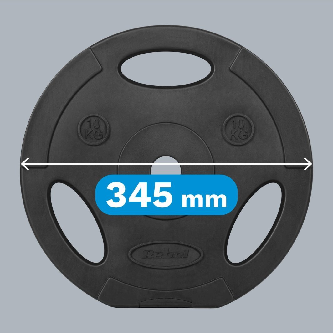 Vektskiver i svart bitumen med tre gripehull, 10 kg vektmarkering og diameter 345 mm vist med hvit pil.