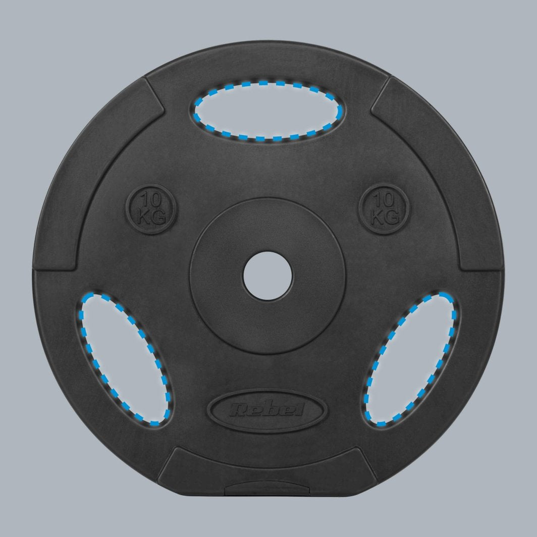 Bumper Plates, sort vektplate på 10 kg med tre blåmerkede gripehull og 31 mm sentralt hull, sett forfra.
