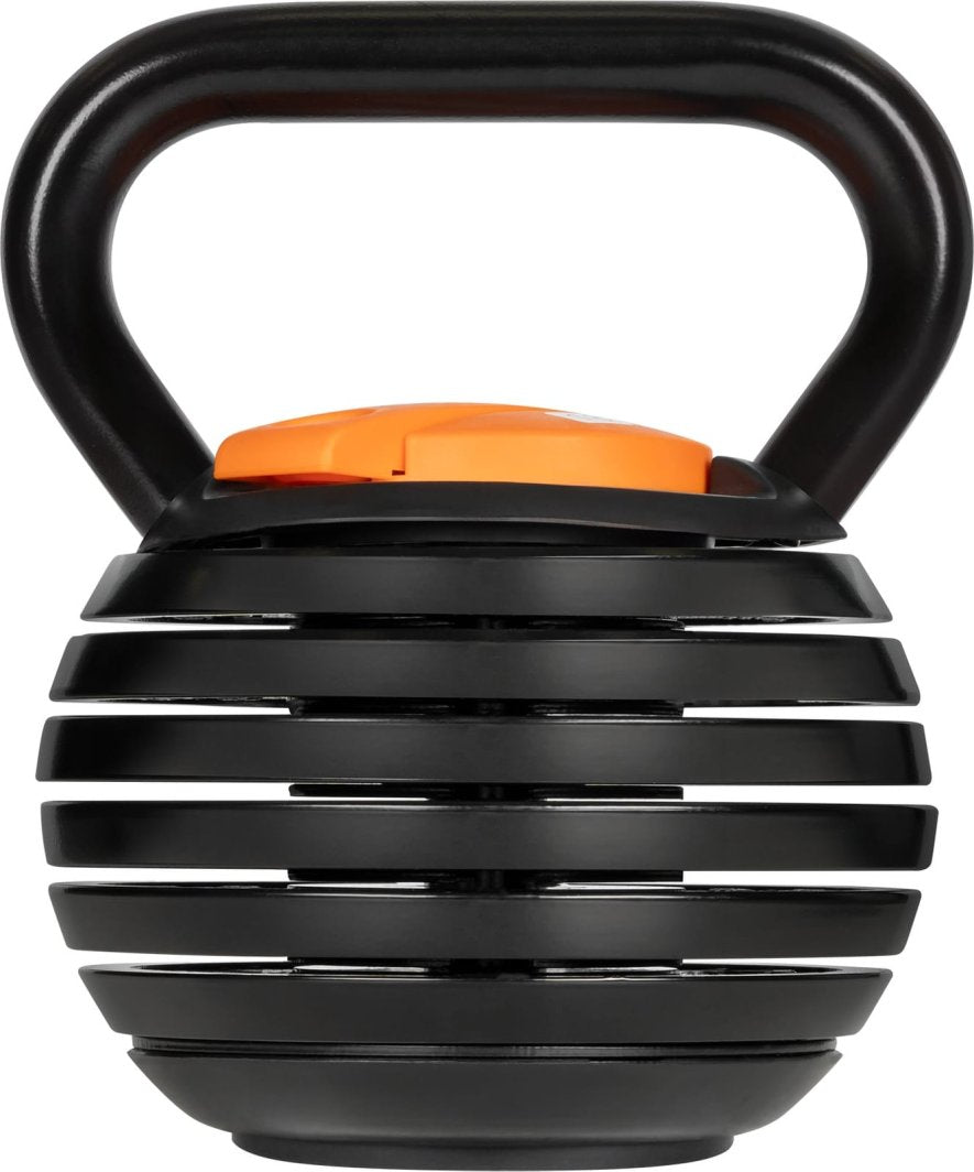 Kettlebells justerbar i svart metall med oransje knapp, vektplater og solid håndtak sett forfra.