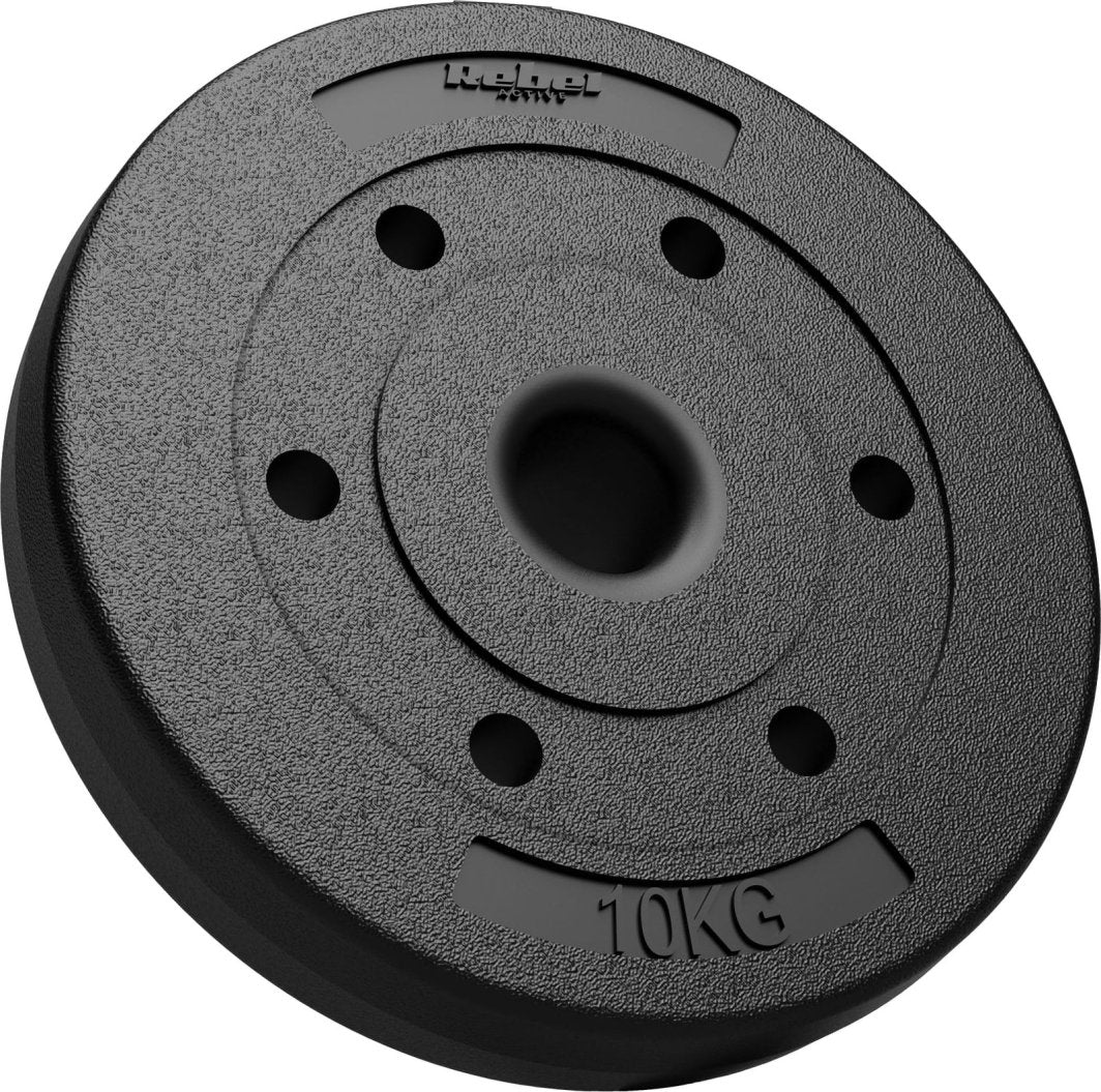 Vektskiver 50mm sort metallplate med ru overflate, fem små hull og tydelig 10 KG-preget, sett fra skrå vinkel.