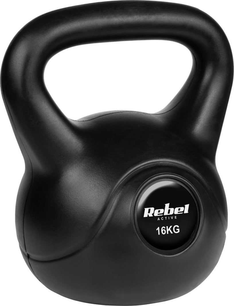 Kettlebell i sort plast med håndtak, sett skrått forfra. Rund etikett viser 16 kg og Rebel Active-logo på forsiden.
