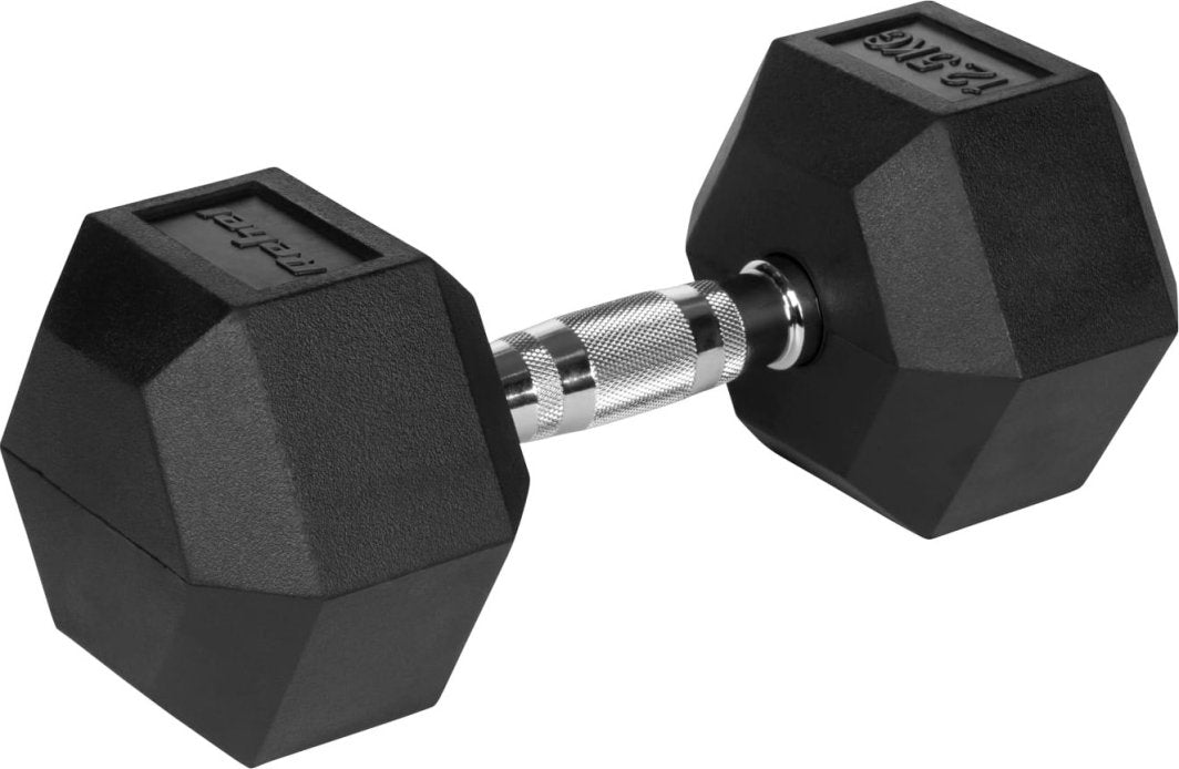 Hantler med sekskantede ender i sort gummi og sølvfarget håndtak, avbildet fra skrå vinkel.