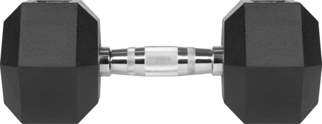 Vekter med sekskantede, sorte gummibelagte ender og riflet metallgrep, sett fra siden i nærbilde.