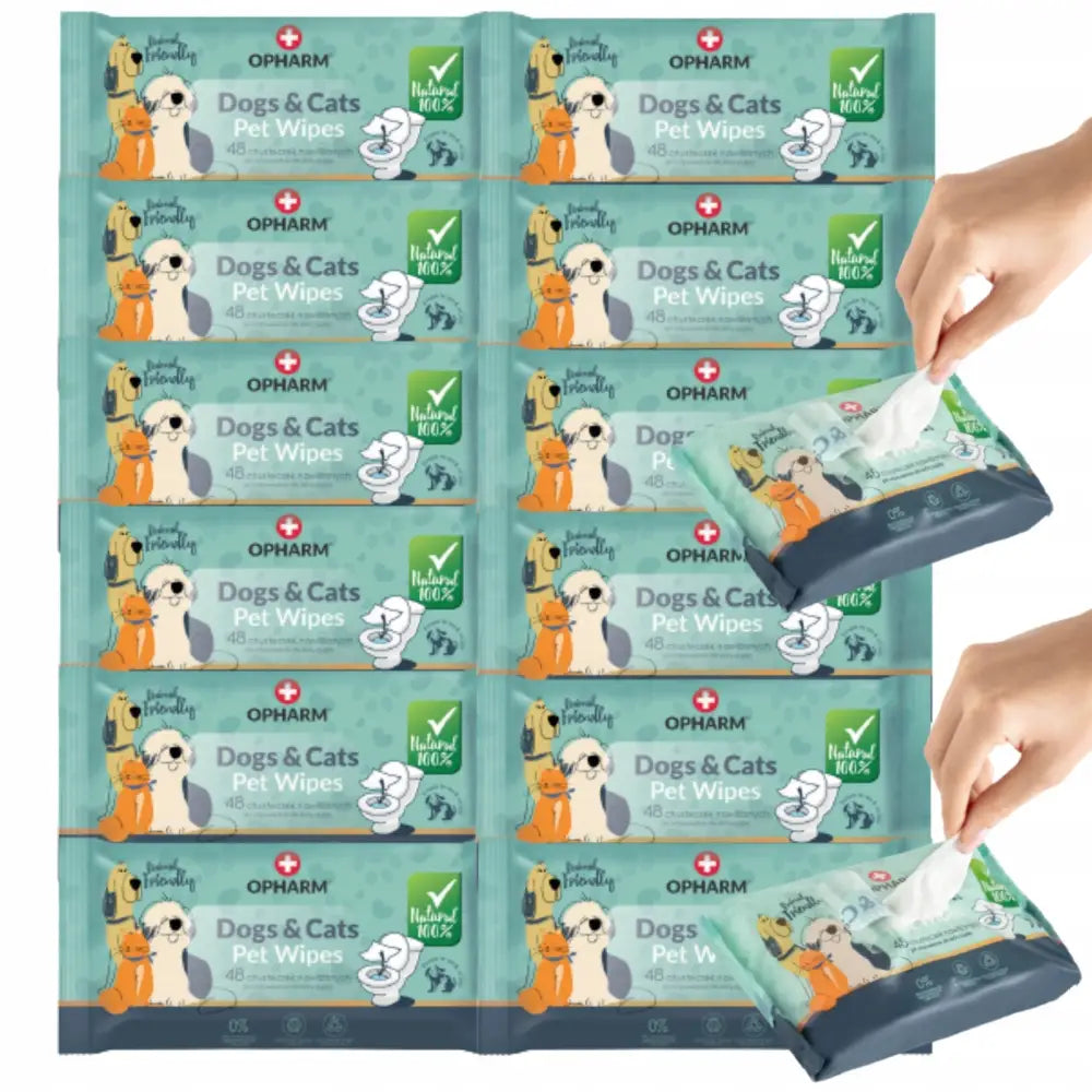 14 våtservietter for rengjøring av kjæledyrs øyne, pakker med dyreillustrasjoner, serviett trekkes ut av pakken.