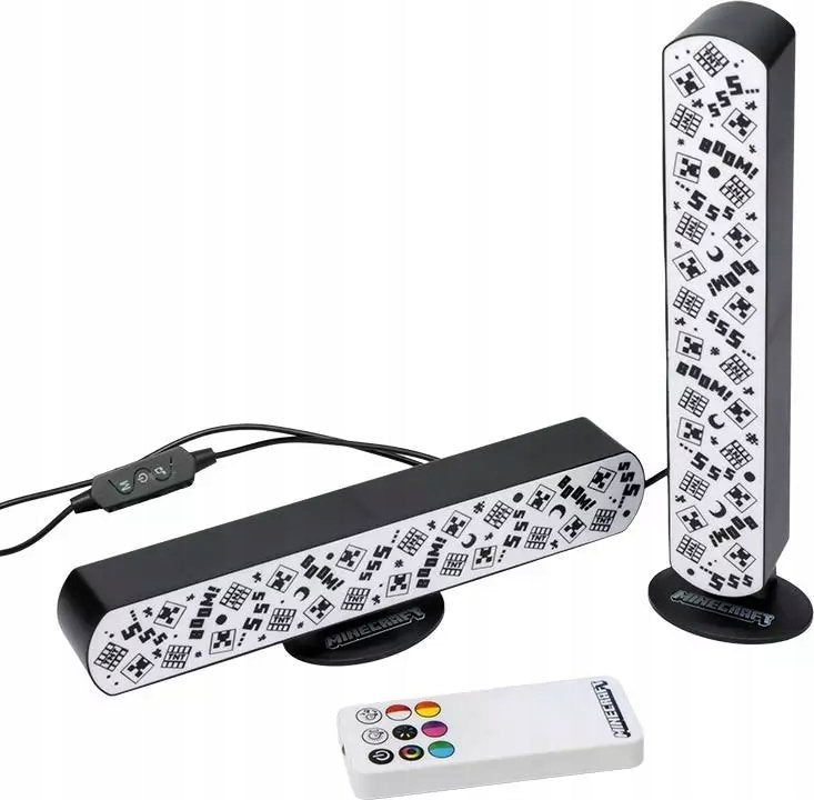 Tredemølle Lampe Minecraft sett med to RGB-lamper, fjernkontroll og svarte baser.