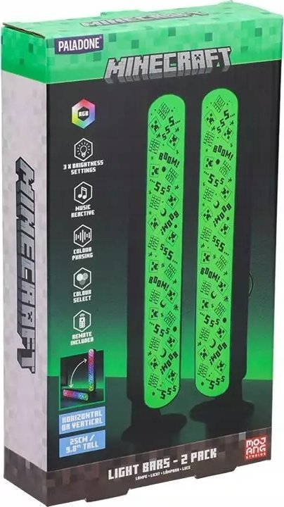 Tredemølle hjemme Lampe Minecraft RGB sett med to grønne lysstaver i eske, skrå vinkel.