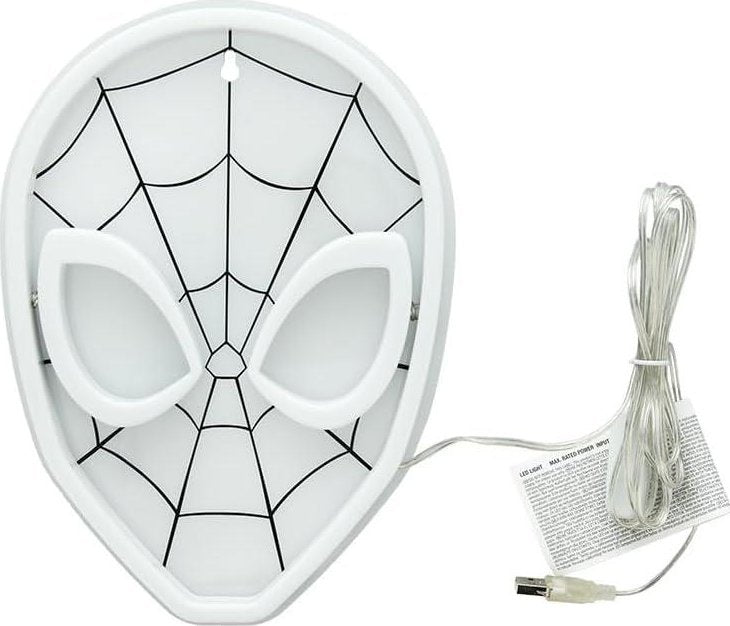 Tredemølle hjemme vegglampe Spiderman maske 26cm LED med USB-ledning og bruksanvisning, sett forfra.