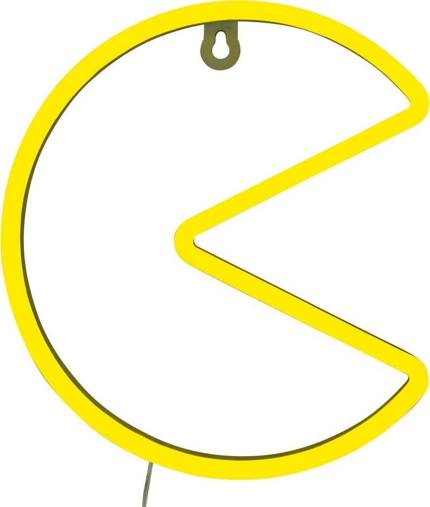 Tredemølle hjemme vegglampe Pac-Man i neongul LED, veggmontert med synlig USB-ledning og feste.