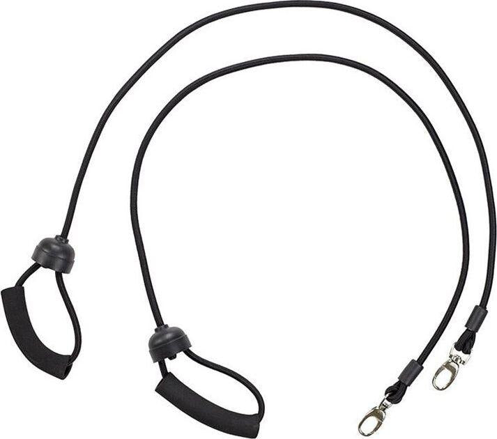 Mini Stepper svart elastisk stropp med skumgummihåndtak og metallkroker, sett utstrakt ovenfra.